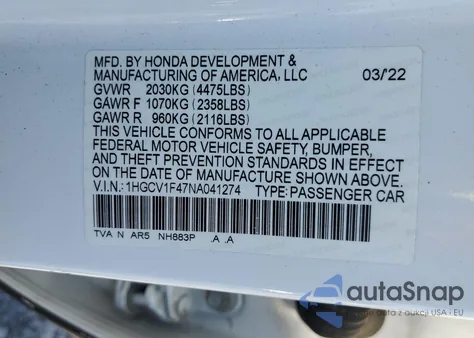 2022 Honda Accord Sport Se из США, поврежденный, VIN 1HGCV1F47NA041274